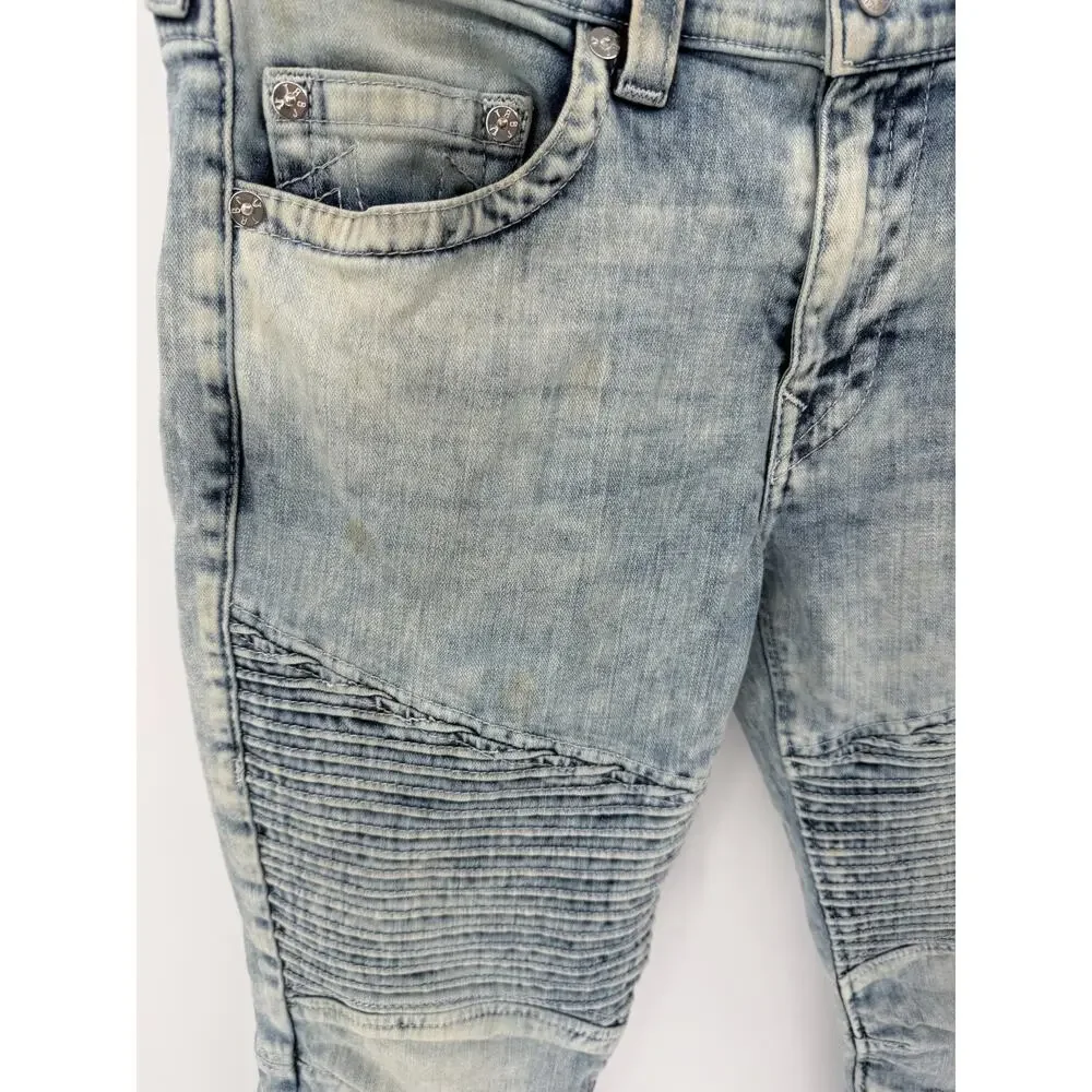 True Religion Men's Moto Biker Jeans Light Acid Wash Size 33x32 Y2K Streetwear